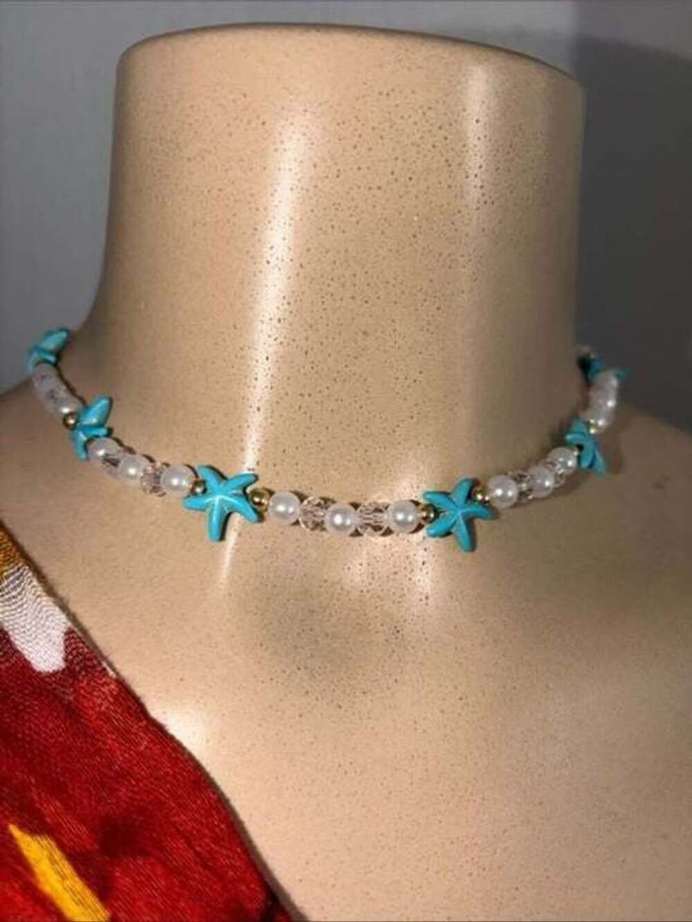 Turquoise Flower & Pearl Beaded Choker Necklace
